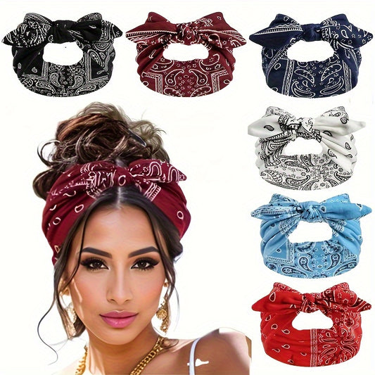 6pcs Bohemian Cashew Flower Women'S Bow Elastic Sports Headbands - Loose Elastic Headscarves, 6 Colors (Sky Blue/ Black/ Navy/ Wine Red/ White/ Red) Suitable for All Seasons, Outdoor And Daily Wear