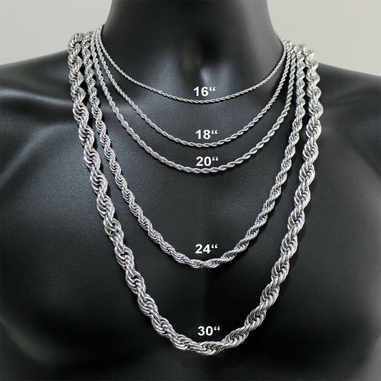 3/5/7mm Stainless Steel Rope Chain Necklace for Men & Women - 16-30 Inch Durable Unisex Jewelry Gift for Valentine's Day, Father's Day, Mardi Gras - Everyday & Party Wear, Year-Round Versatile Accessory