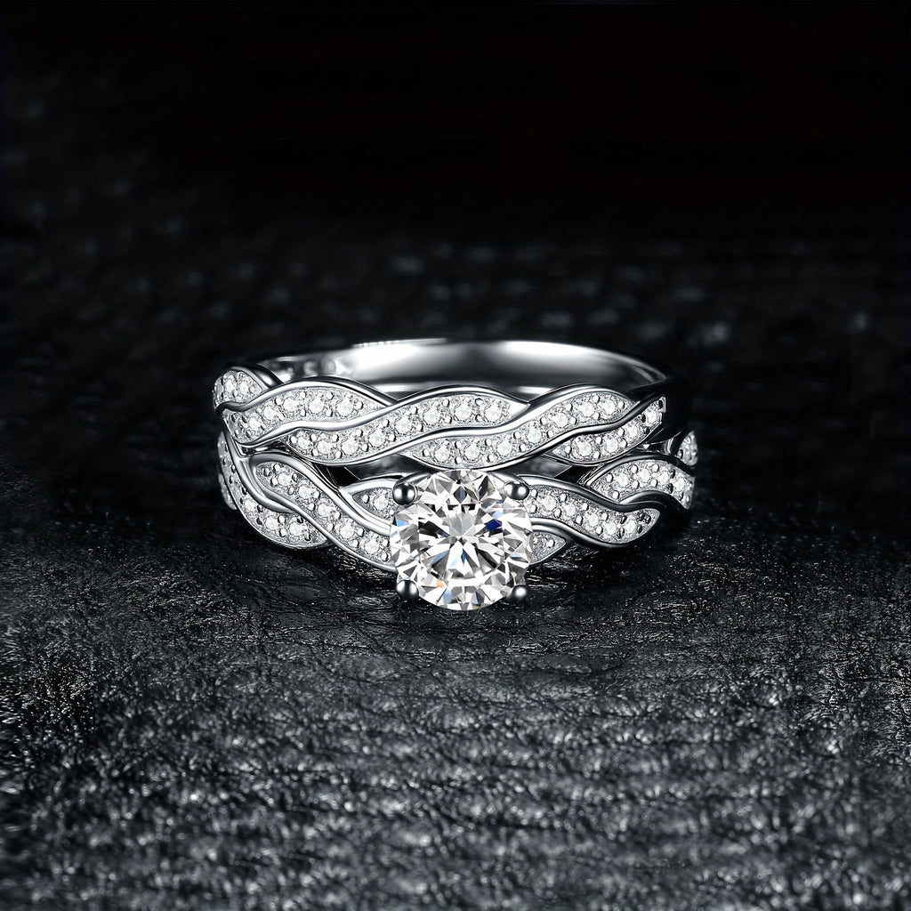 [Wedding Engagement Ring] 2pcs/Set 925 Sterling Silver Classic And Elegant Infinity Knot Design Round Cut Cubic Zirconia Decor Silvery Wedding Engagement Ring for Woman Bridal Set Ring Band Stackable Fine Jewelry