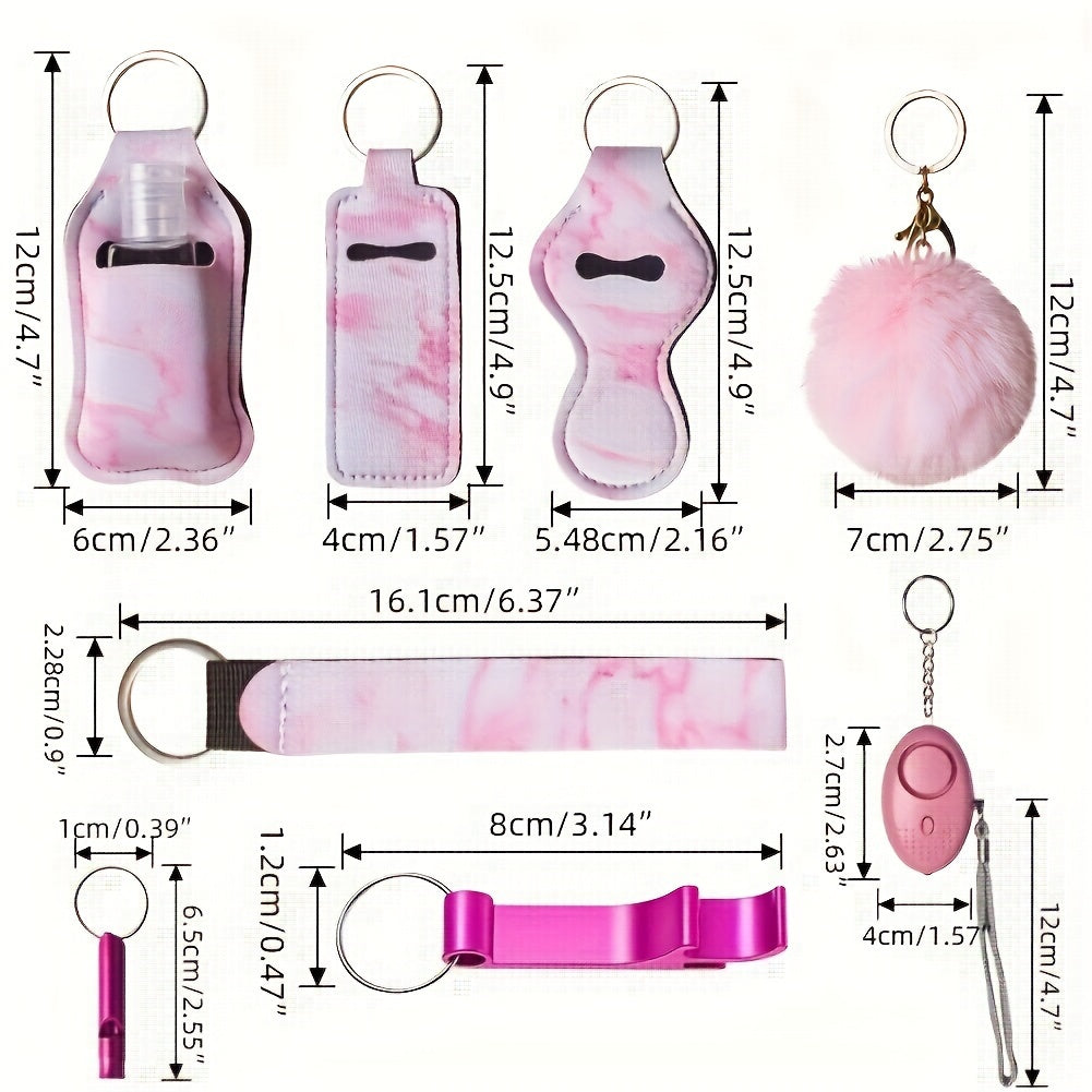11pcs Ladies Keychain Set with Rhinestone Multifunctional Keyring, Card Holder, Storage Bag, Medication Bottle, Whistle, Perfume Bottle - Classic Quote Metal Keychain with Rhinestone Embellishment, Round Buckle, Whistle Included