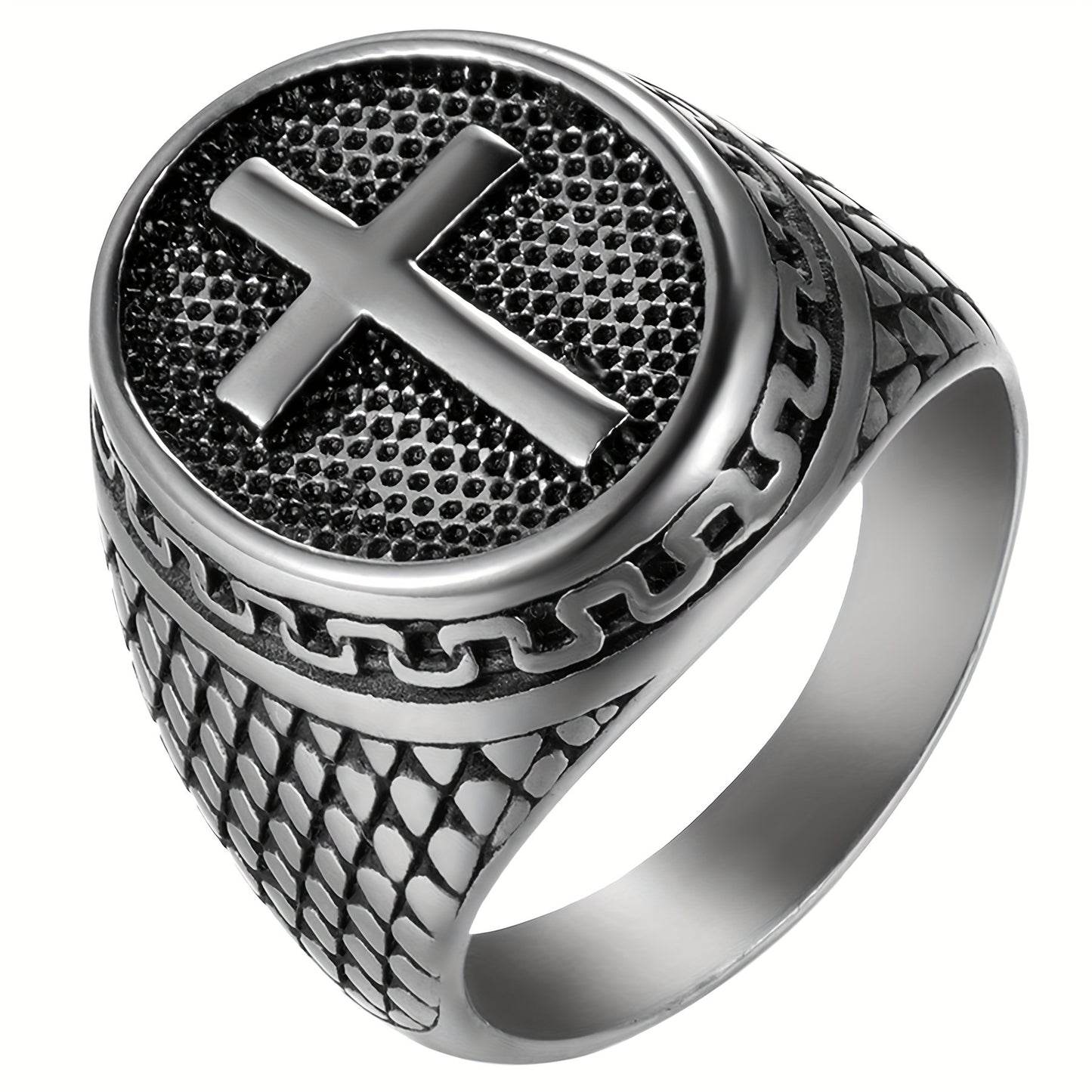 Cross Ring for Men – Stainless Steel Crucifix Christian Prayer Band, Vintage Latin Cross Amulet Ring Sizes 7-15, Religious Jewelry Gift for Him in Gold Silver Black