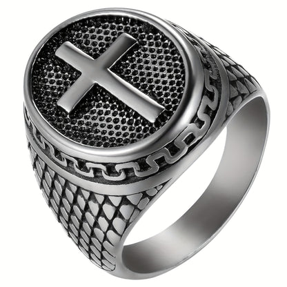 Cross Ring for Men – Stainless Steel Crucifix Christian Prayer Band, Vintage Latin Cross Amulet Ring Sizes 7-15, Religious Jewelry Gift for Him in Gold Silver Black