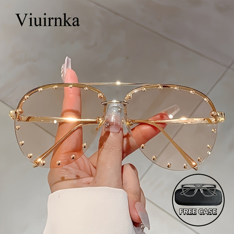 VIUIRNKA Women'S Glasses, Classic Semi-Rimless Design with Studded Details, Trendy Versatile Black Frame with Case, Lightweight Fashion Statement, Perfect for Halloween & Christmas Gift Giving, Chic Daily Wea