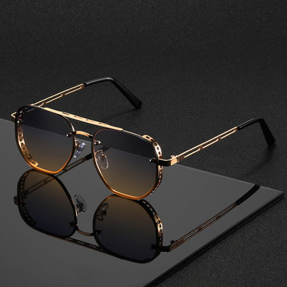 Retro Punk Sunglasses Oversized Round - Hollow Gold Metal Frame Gradient Lens for Men Women, Adjustable Nose Pads Fashion Eyewear for Driving Street Photography, Bold Statement Glasses All Season
