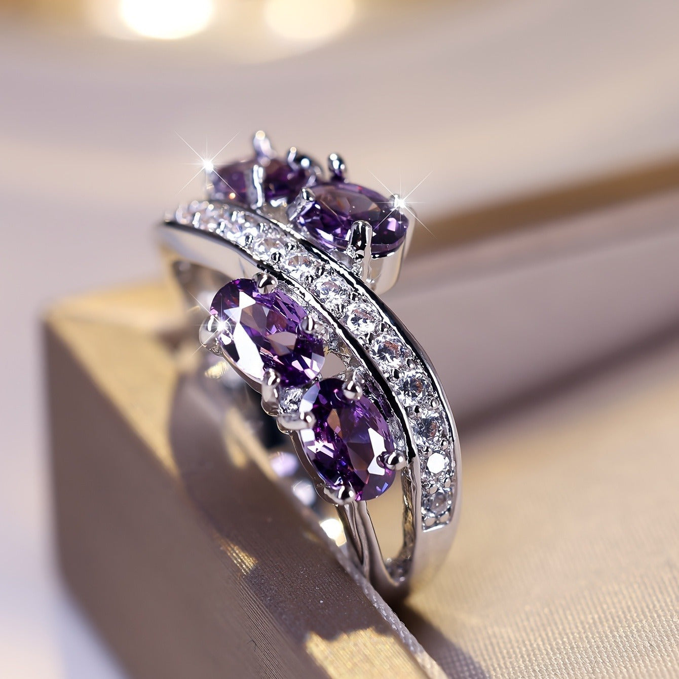 Purple Zirconia Ring S925 Sterling Silver - Elegant Synthetic Gemstone Charm Ring for Women Bride Wedding Engagement Shiny Jewelry Gift Size 6 7 8 9 10