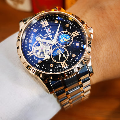Automatic Mechanical Watch Men Tourbillon Skeleton Rose Gold Stainless Steel – Starry Sky Luminous Dial Iced Out Business Casual Wristwatch Gift Box