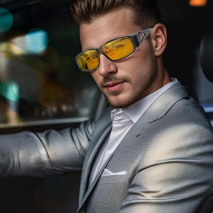 Night Vision Glasses Fit Over Prescription Eyewear – Anti-Glare Yellow Lens Driving Eyewear for Men & Women, HD Nighttime Clarity, Wraparound Overglasses, Grey & Black
