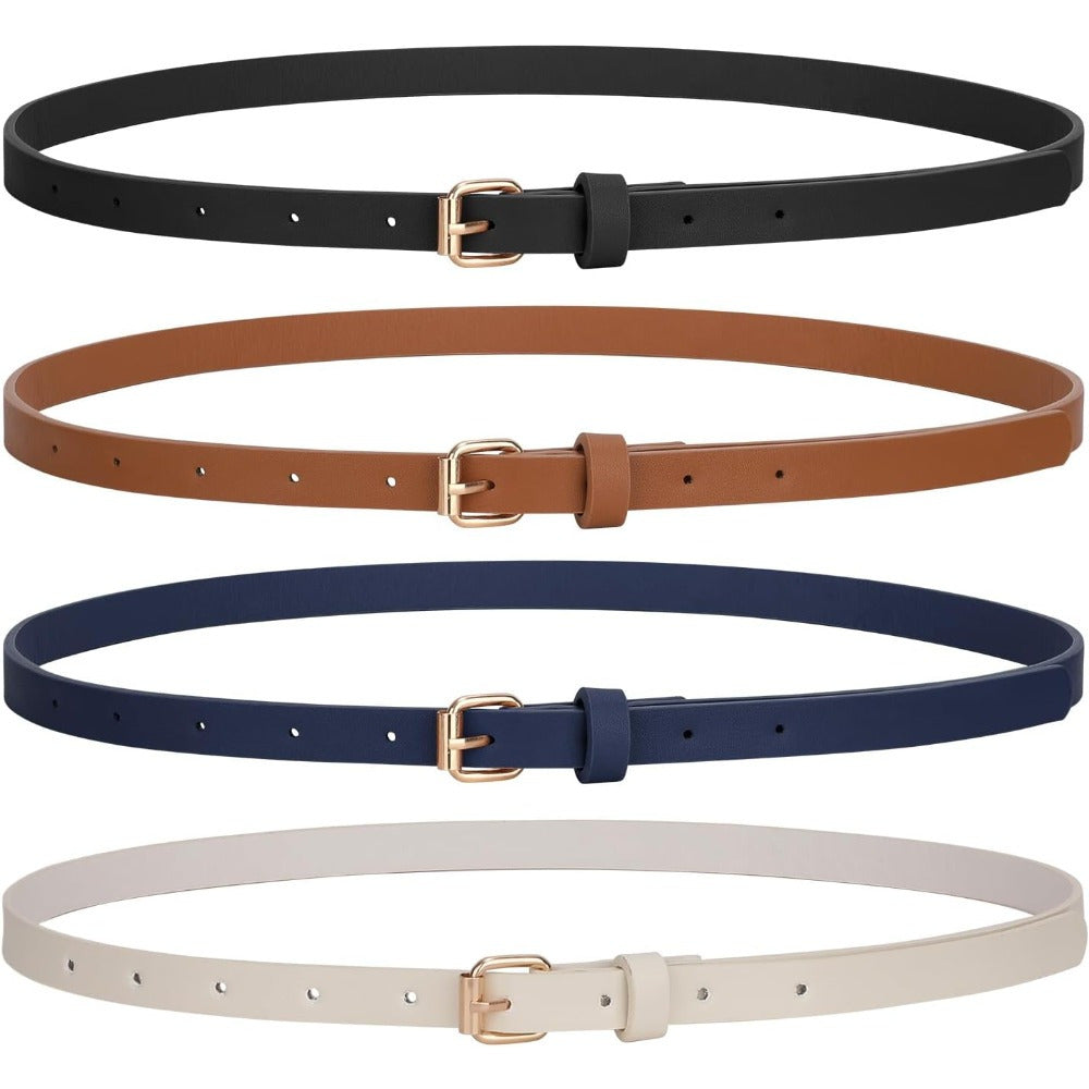 4pcs Women's Adjustable Thin Leather Belts - Slim Fit PU Dress Belts with Hollow-Out Buckle, 4 Colors (, Grey, Tan) Suitable for Jeans, Dresses, Skirts - Lightweight Belt for Parties, Weddings, Daily Wear - Belt Buckle
