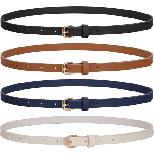 Skinny Belt for Women 4Pcs Set - Adjustable Thin PU Leather Dress Belt with Hollow-Out Gold Buckle, 4 Colors, Slim Waist Belt for Jeans Dresses & Skirts, Party Wedding Daily Wear Accessory