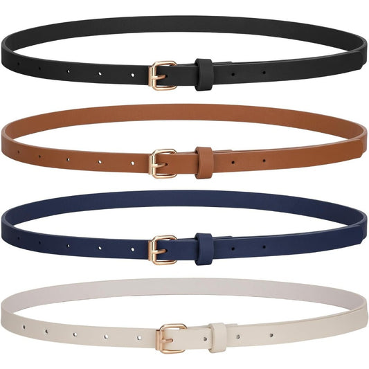 Skinny Belt for Women 4Pcs Set - Adjustable Thin PU Leather Dress Belt with Hollow-Out Gold Buckle, 4 Colors, Slim Waist Belt for Jeans Dresses & Skirts, Party Wedding Daily Wear Accessory