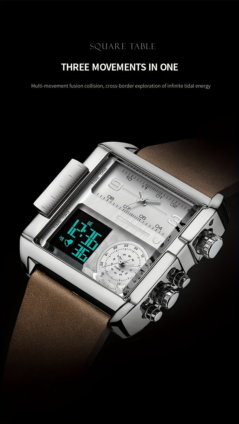 FEICE Fashion Business Men's Watch Digital LED Analog Quartz Watch 50mm Large Dial Square Men's Watch Multifunctional Sports Men's Watch Luminous Alarm Clock Timer 24H Calendar Cowhide Strap Men's Gift FK030