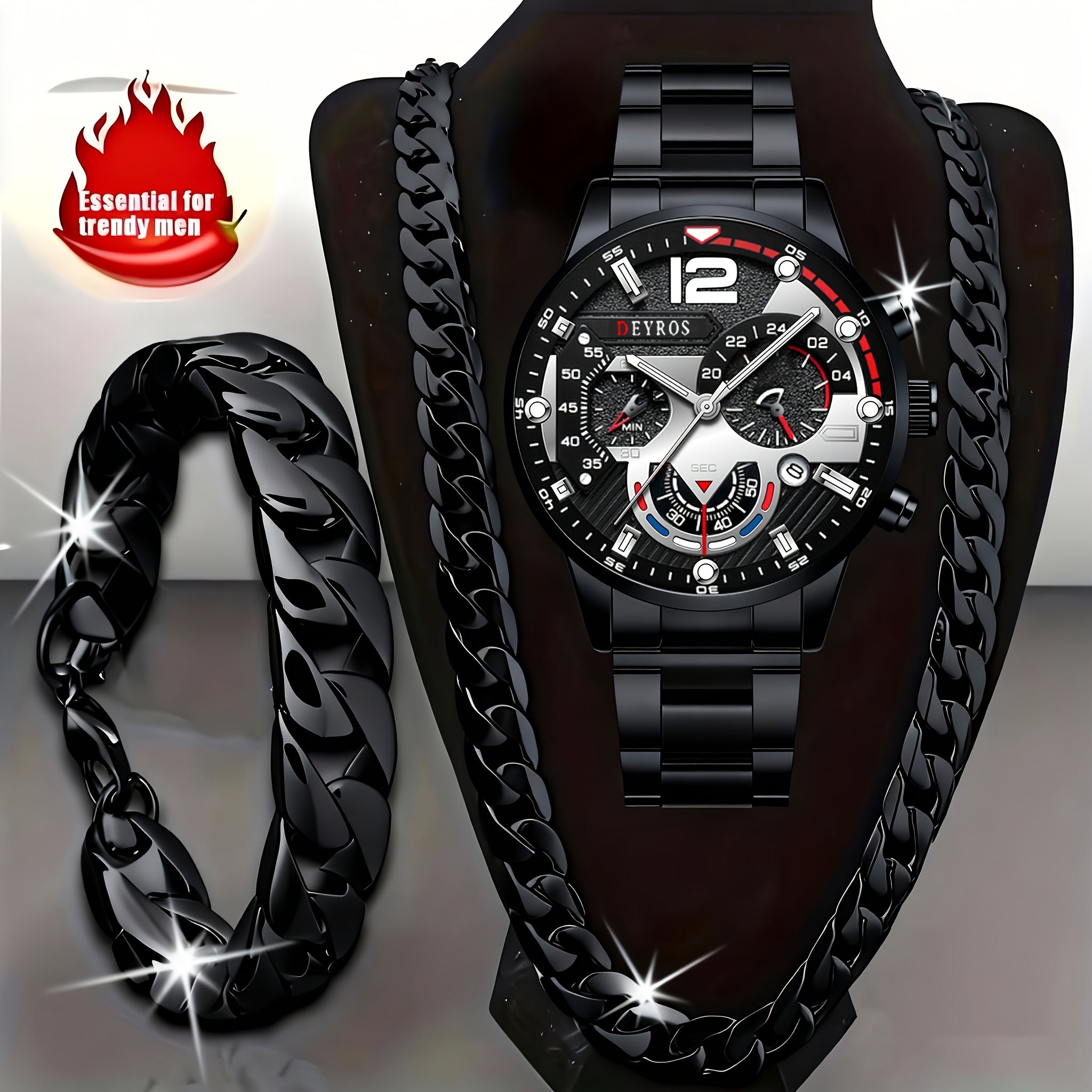 3pcs Men's Watch and Matching Necklace/Bracelet Combo - Luxury Analog Quartz Wristwatch with Matching, Elegant & Matching for Daily Wear, Gifts for Him (, Anniversary, Thanksgiving) - Stylish Complete