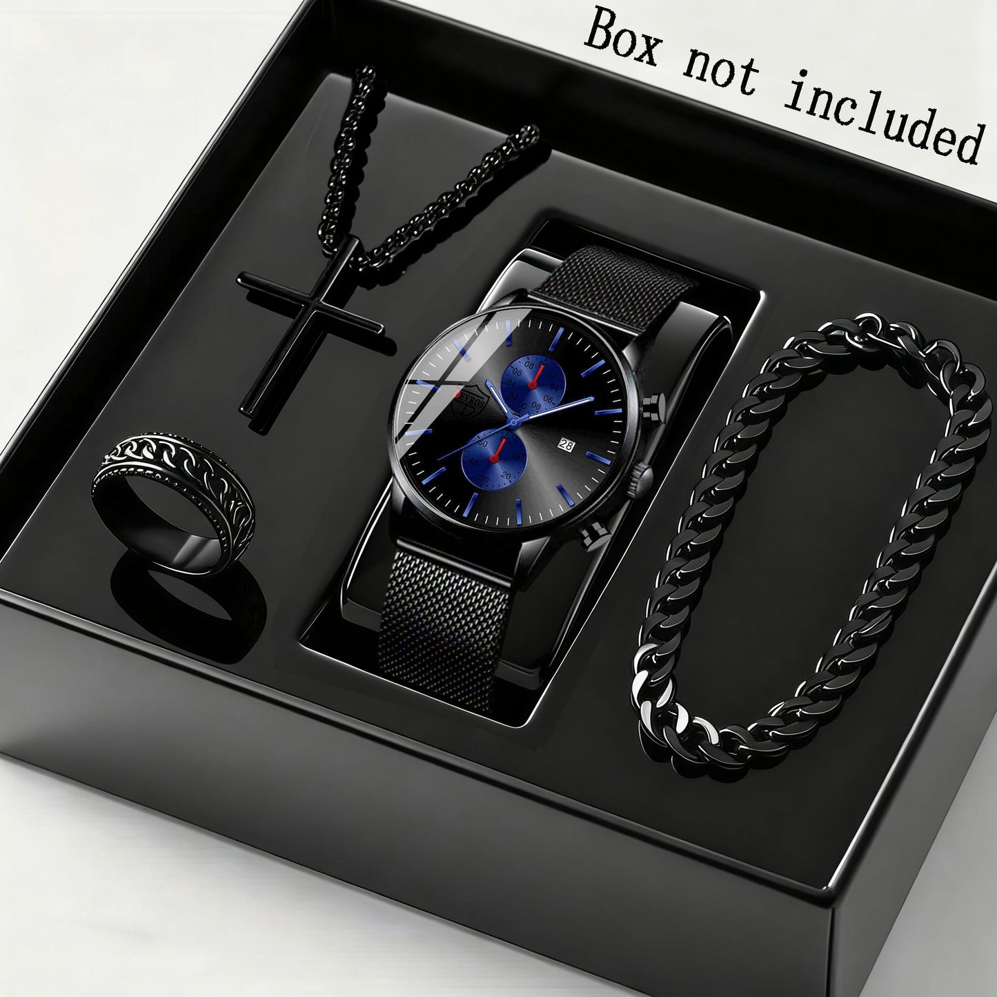 Men's Quartz Watch & Bracelet Gift Set 4-Piece – Stainless Steel Date Watch, Necklace & Bracelet for Men, Casual Business Jewelry Bundle