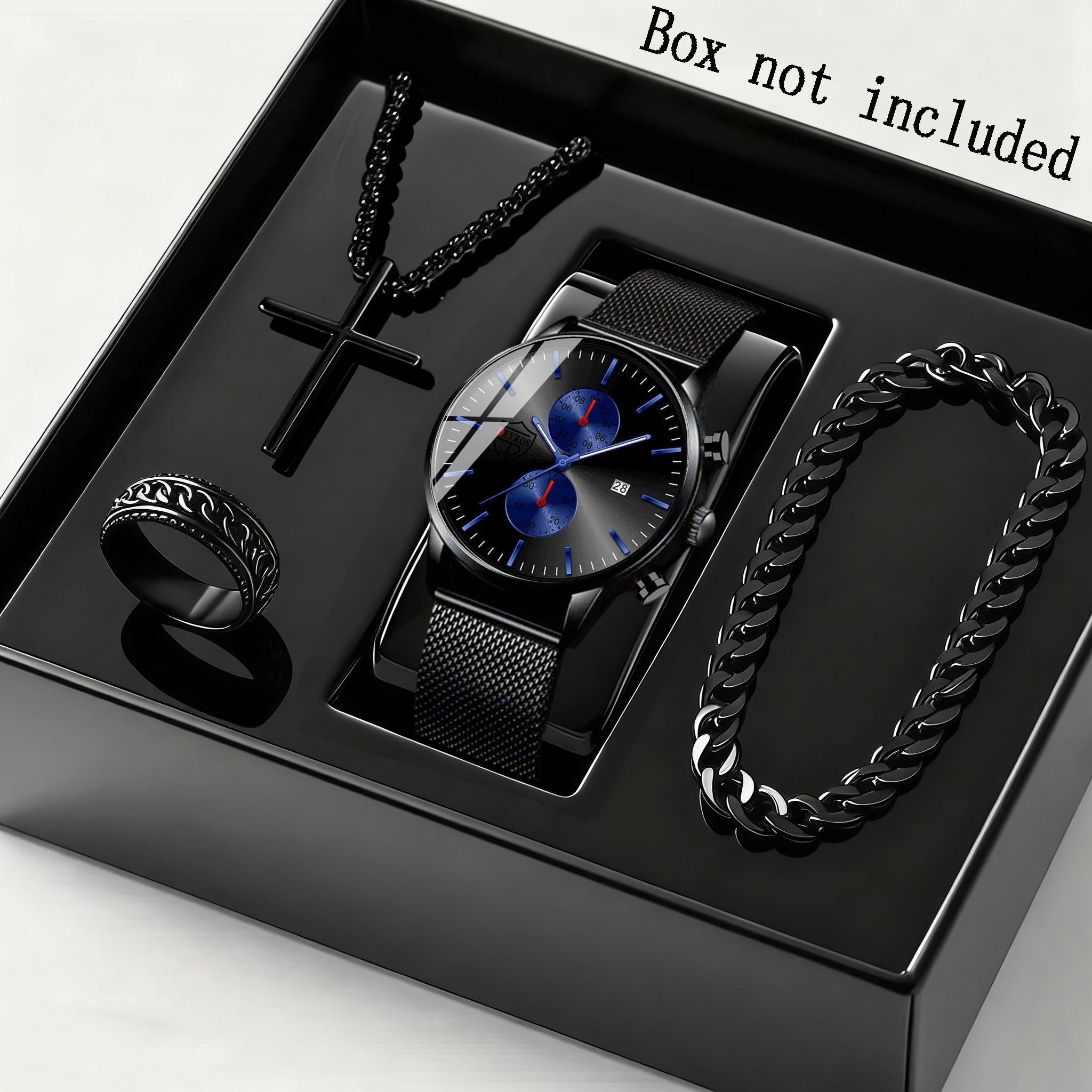 [ Men Watch Set ] 4pcs/ Set Men's Quartz Watch & Bracelet Set | Stainless Steel | Casual Watch | Business Watch | Bracelet for Men | Men Necklace | Date Watch for Men