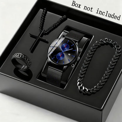 Men's Quartz Watch & Bracelet Gift Set 4-Piece – Stainless Steel Date Watch, Necklace & Bracelet for Men, Casual Business Jewelry Bundle