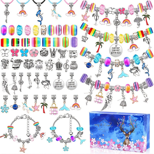 112pcs Charm Bracelet Making Kit with Blue & Pink Charms (Hearts, Stars, Flowers, Rainbows) - Zinc Alloy DIY Jewelry Supplies Suitable for Girls,, - Gift for Christmas, Valentine's Day, Activity