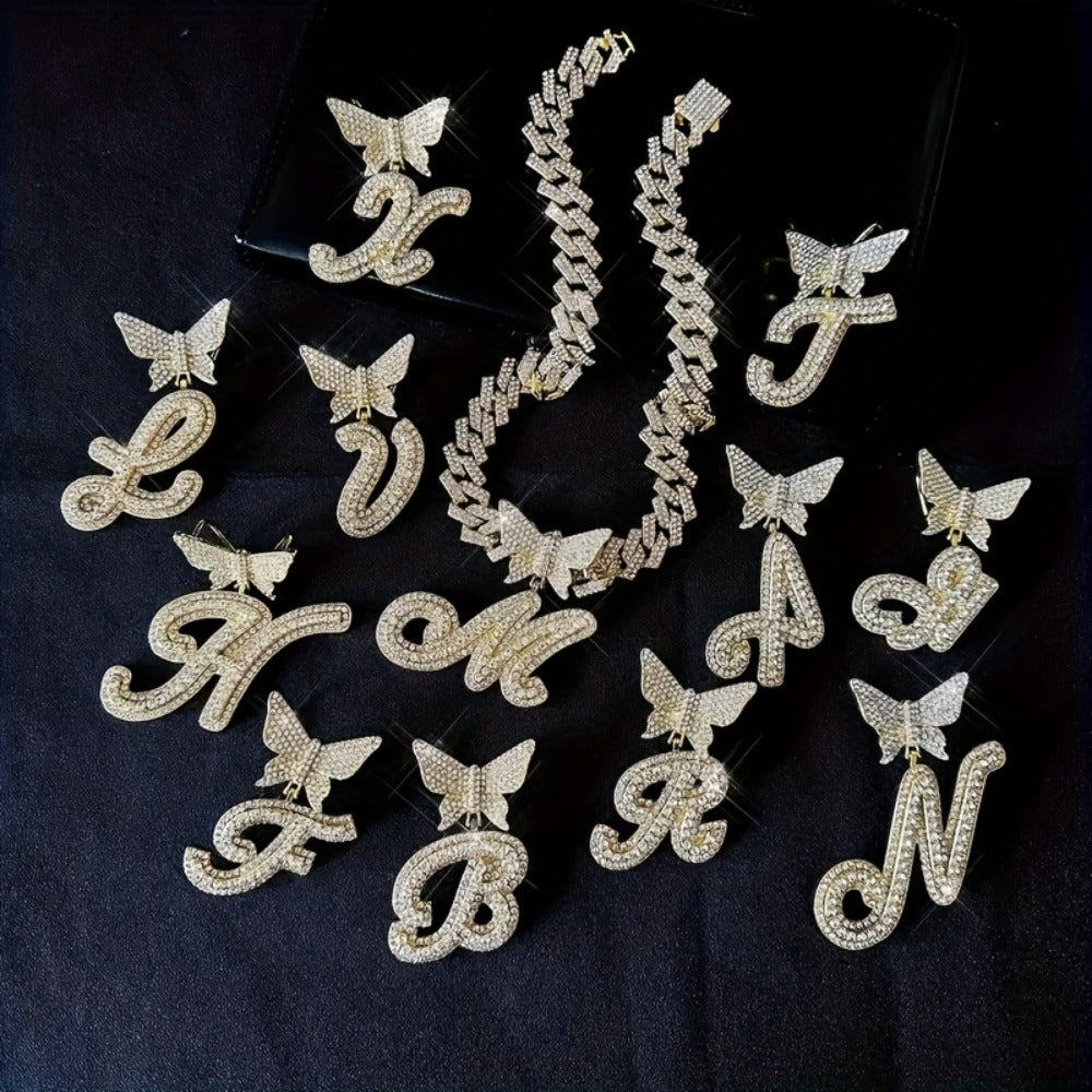 Cuban Link Chain Necklace - Initial Letter for Men Women - with Butterfly Alphabet Pendant A-Z, Gold & - product detail view