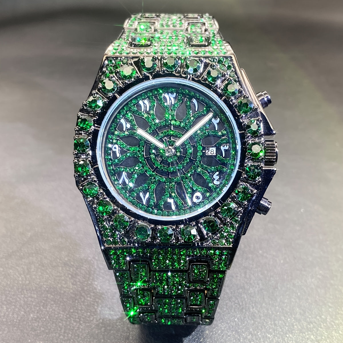 Men's Big Face Hip Hop Watch - Rhinestone Iced Out Dial, Glow-in-the-Dark Hands, Calendar Function, Bold Statement Wristwatch for Social Events & Luxury Gift