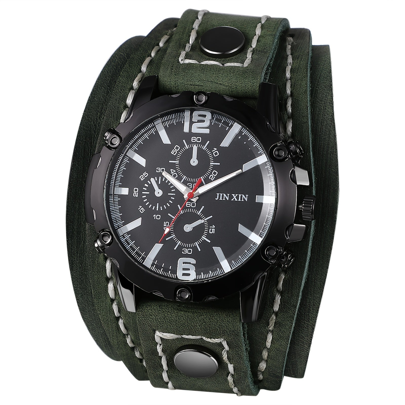 Gothic Punk Style Men Watch Wide Geunine Leather Fashion Cuff Wristwatch for Halloween Party Costume Dress Decoration