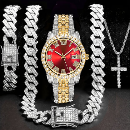 Men's Watch & Jewelry Gift Set 4pcs - Luxury Gold Quartz Watch with Rhinestone, 14mm Cuban Chain Necklace, Bracelet & Cross Pendant, Perfect Birthday Father's Day Wedding Gift for Men