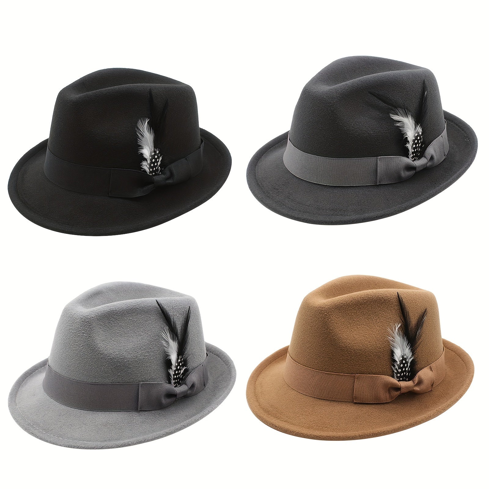 [Classic Fedora Hats] Flongo Classic Fedora Hats For Men Women Short Brim Felt Feather Hat Panama Dress Hat