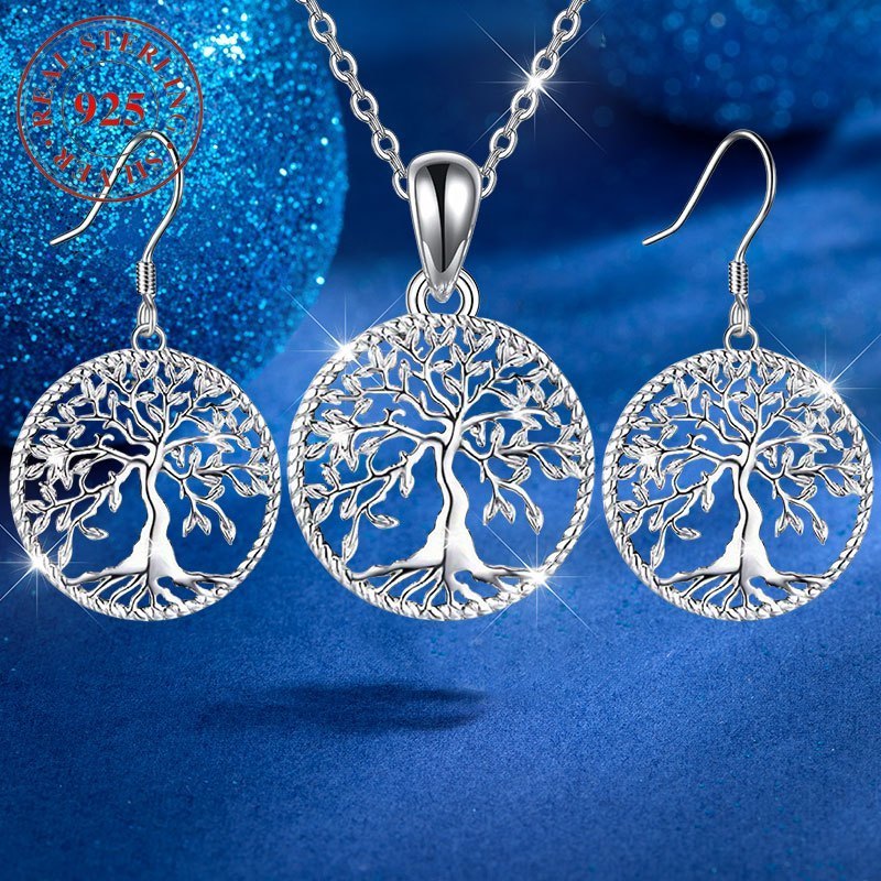 [Christmas Birthday Gift] 3pcs 925 Silver Shining Fashion Personality Simplicity New Creativity Tree Earrings Necklace Party Commemorative Jewelry Exquisite Christmas Birthday Gift