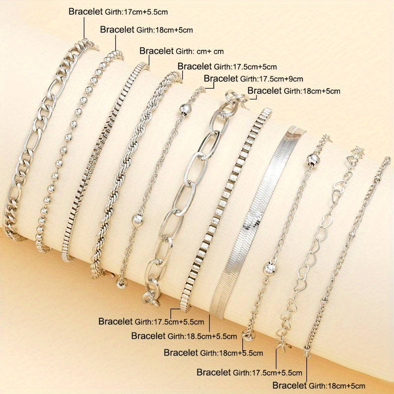925 Sterling Silvery Women's Simple Twisted Snake Bone Chain Bracelet Set(11pcs), Perfect for Vacations, Gifts, and Casual Attire.