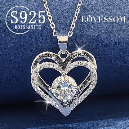 Moissanite Necklace 925 Sterling Silver 1 Carat Heart Shaped Pendant for Women Diamond Alternative Sparkling Jewelry Birthday Anniversary Party Gift
