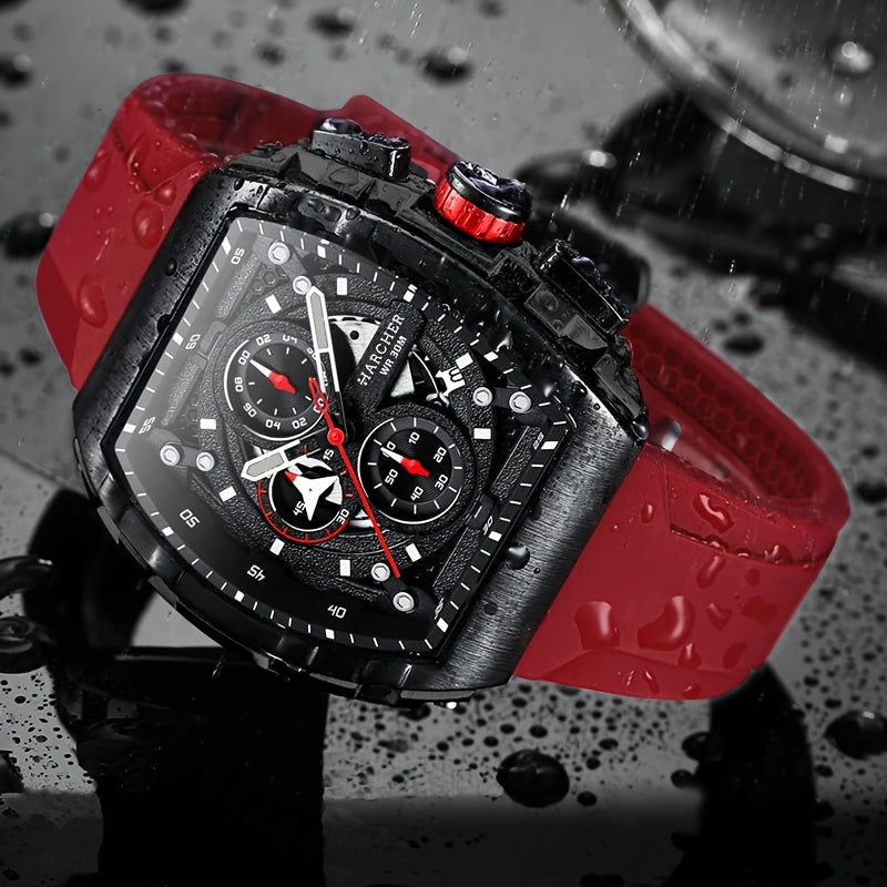 Chronograph Watch for Men Luxury Tonneau Sport Quartz Wristwatch Luminous Waterproof Racing Silicone Band 3ATM Multi-Function Fashion Watch
