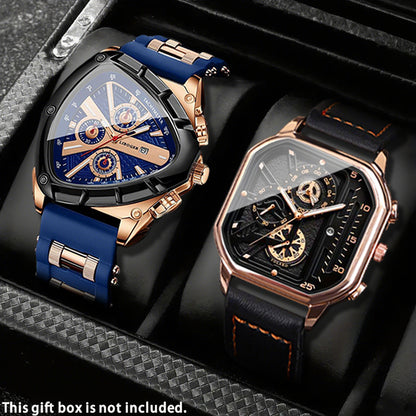 Men's 2-Piece Watch Set – Triangle Dial Silicone Strap & Retro Square Dial Faux Leather, Date Display Sport Dress Watches, Gift for Him