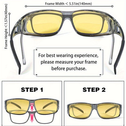 Night Vision Glasses Fit Over Prescription Eyewear – Anti-Glare Yellow Lens Driving Eyewear for Men & Women, HD Nighttime Clarity, Wraparound Overglasses, Grey & Black