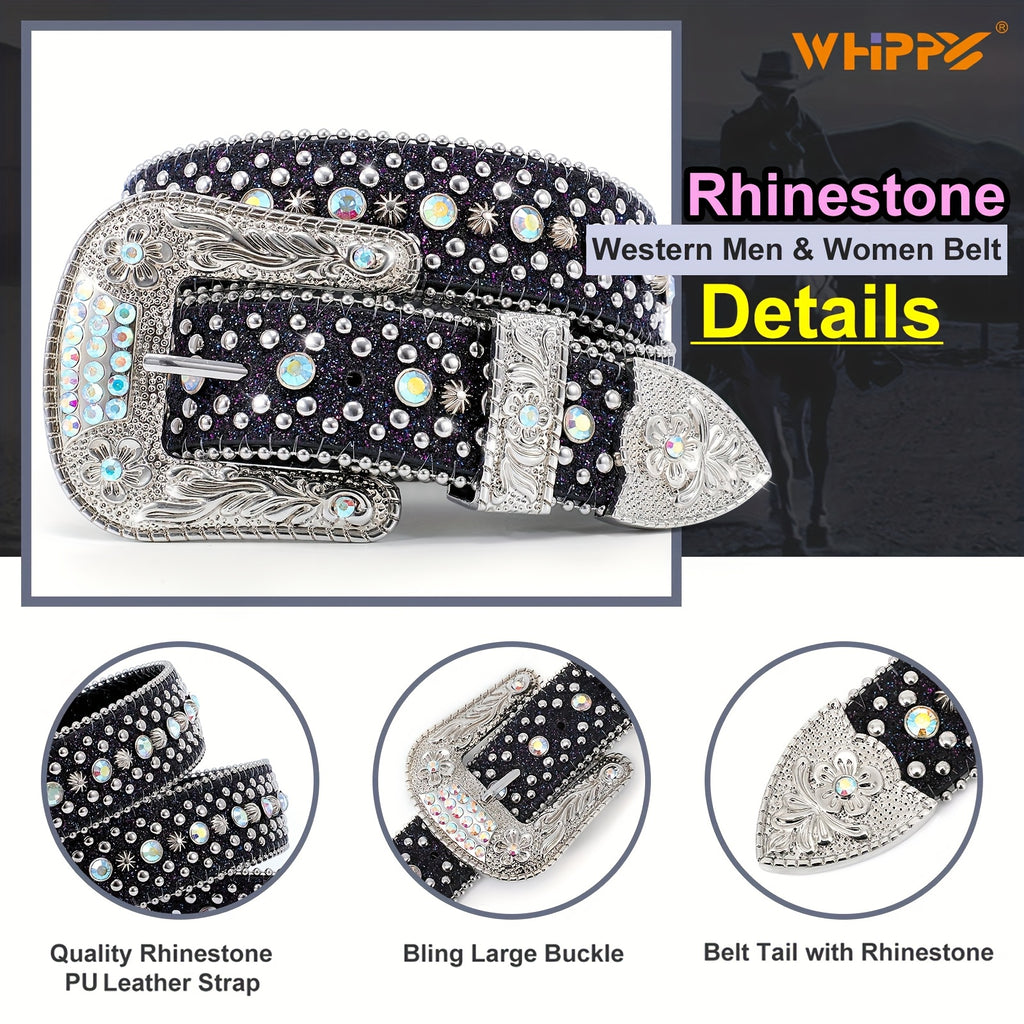WHIPPY 1pc Men'S Rhinestone Faux Leather Belt, Western Faux Crocodile Grain Faux Leather Strap Belts for Cowboy Jeans Pants Halloween Gift