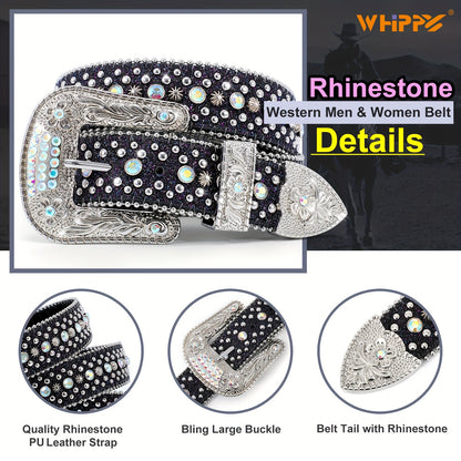 Rhinestone Belt for Men - Western Faux Crocodile Leather Strap, Rivet Detail, Alloy Buckle, Fits Waist 28"-48", 9 Colors, Cowboy Jeans Halloween Gift
