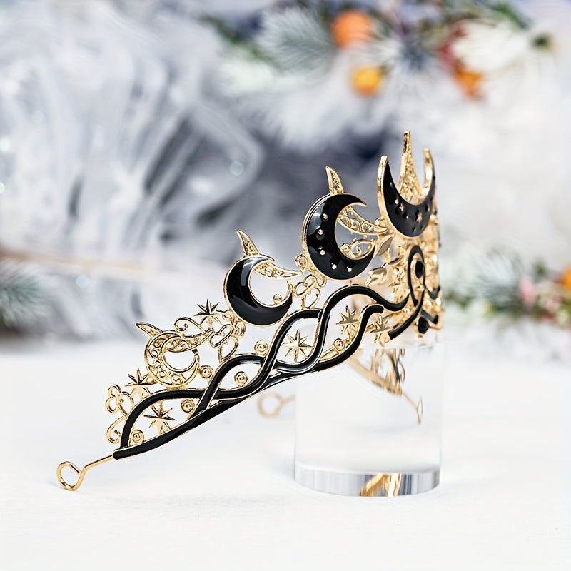 Crown Featuring a Gothic Black Crescent Moon Design for Both Men And Women, Adorned with Stars. This Dark Aesthetic Tiara Is Perfect for Witch, Pagan, Or Wiccan Themes, Ideal for Halloween Cosplay, Costume Parties, Stage Performances, Weddings