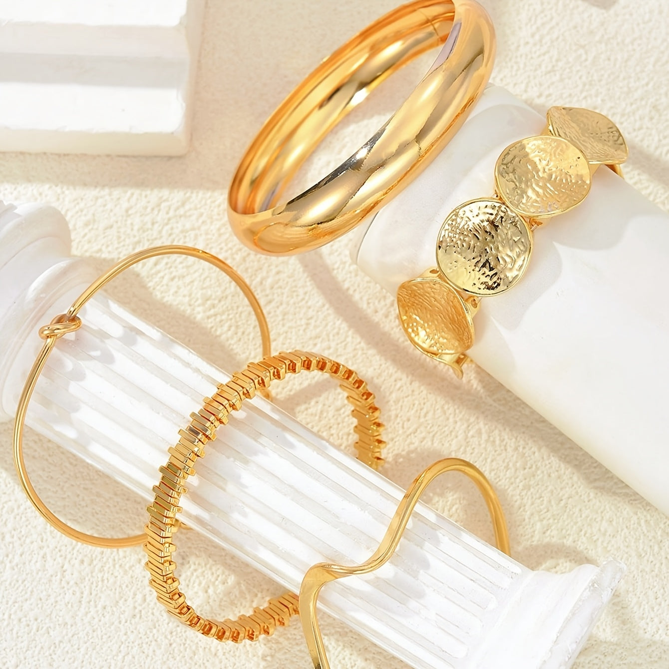 5pcs Set Geometric Circle & Asymmetrical Shape Twisted Texture Metal Bangle Cuffs, Exaggerated Wide Chunky Design, Fashionable Minimalist Elegant Vintage Style, Suitable for Holiday, Party, Date, Gift, Daily Wear