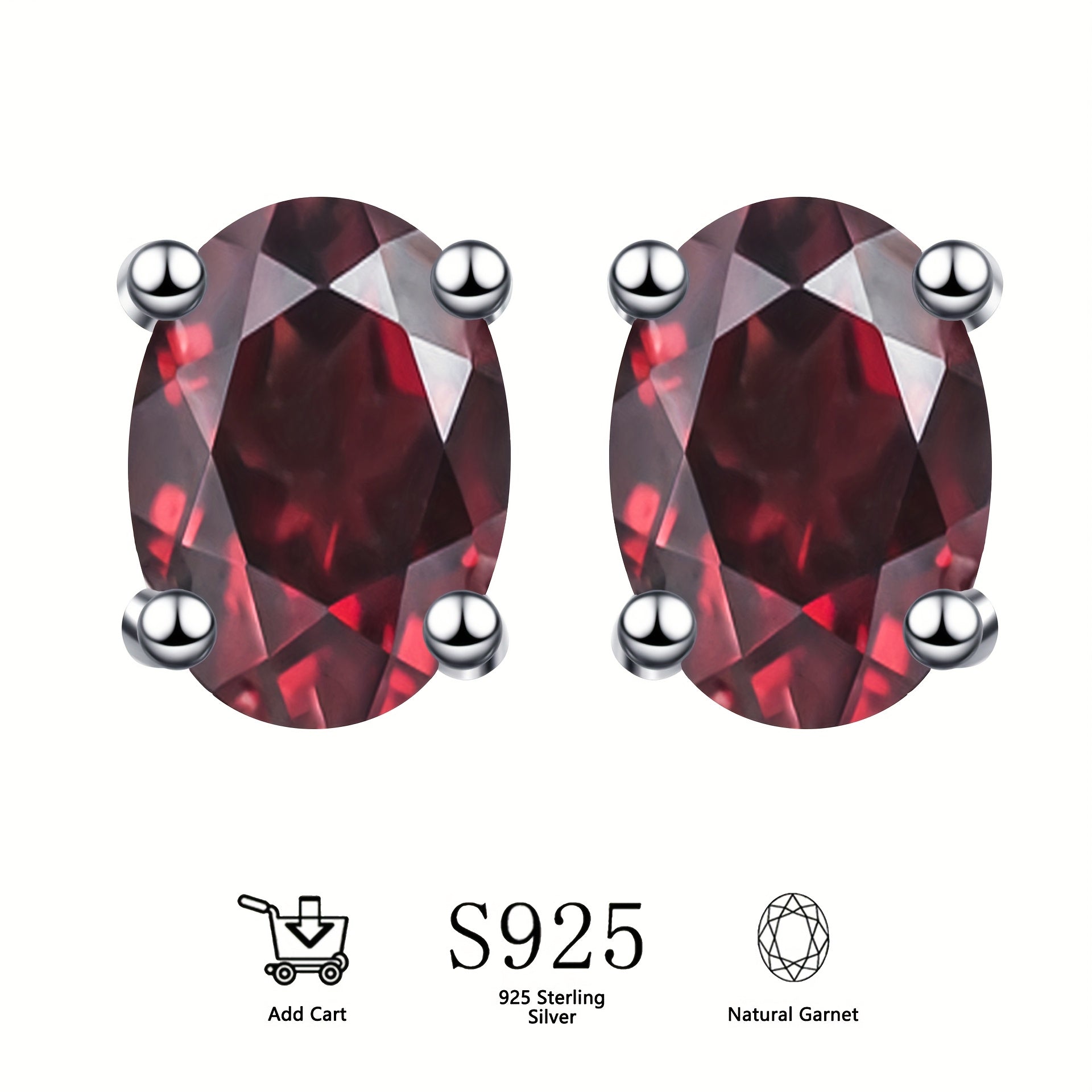 S925 Silver Stud Earrings with Natural Garnet, Each Oval-Cut Weighing 1.0 Carat, Deep Red Natural Garnet, Birthstone for January, Ideal Natural Jewelry Present for Cherished Ones