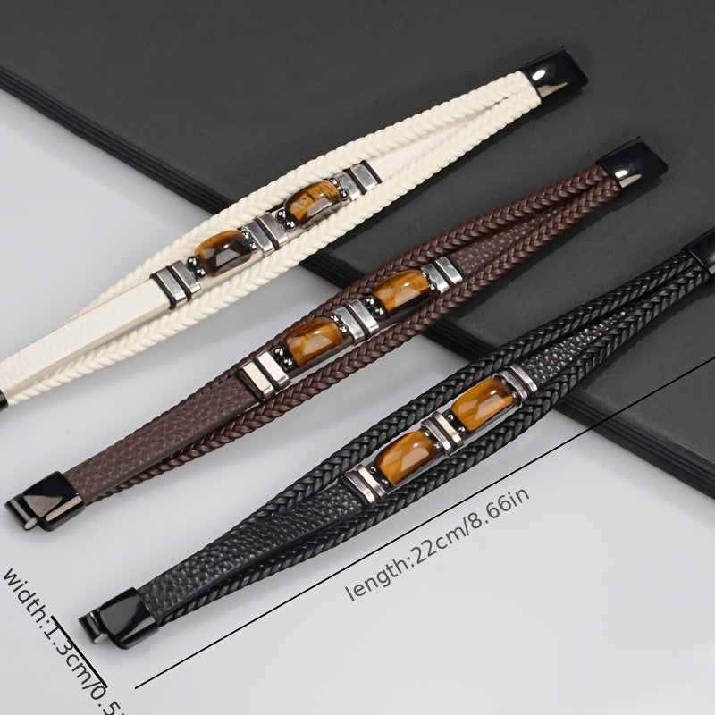 1pc Tiger Eye Stone Men'S Bracelet Natural Stone Protection Multilayer Braided Wristband Bangle Gifts For Him