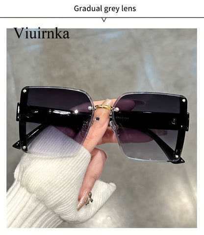 Oversized Rimless Sunglasses Women Square Frame Gradient Lenses Lightweight Unisex Summer Eyewear with Case Beach Party Halloween Christmas Gift Green Orange Black