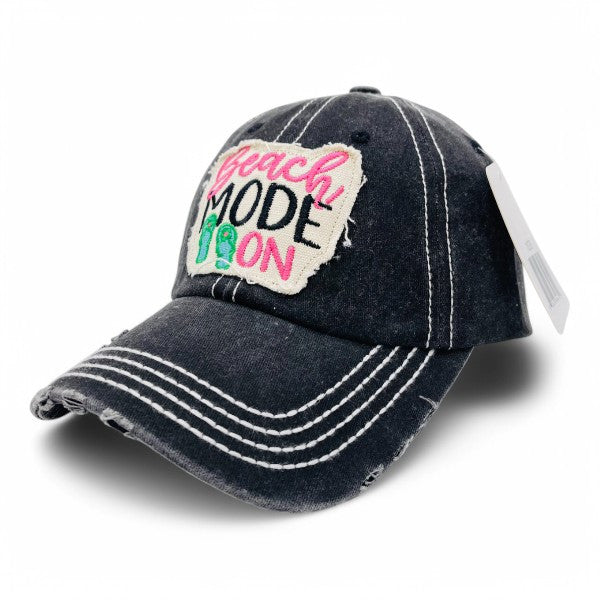 Beach Mode On Vintage Distressed Embroidered Baseball Cap For Women - 100% Cotton, Breathable, Casual, Adjustable, UV Protection