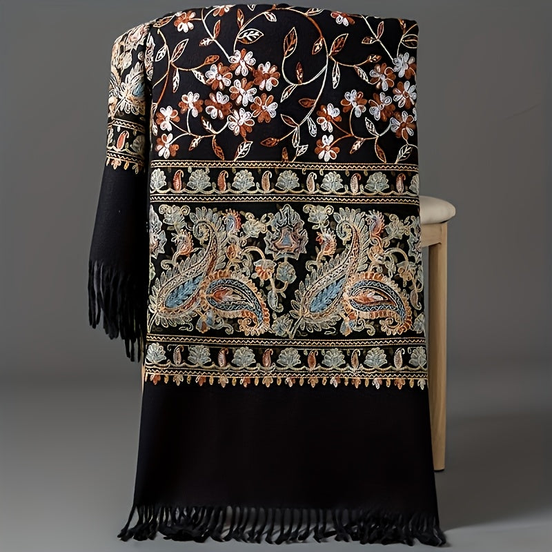 Women' Bohemian Cashmere Shawl Scarf - Vintage Paisley Embroidery Suitable for Spring/Fall, Lightweight Warmth with Tassel Trim, Navy/Orange/White Retro, Hand Washable for Casual & Outfits (Multi-Color Options)
