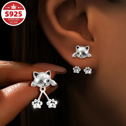 Cat Paw Dangle Earrings S925 Sterling Silver Cute Creative Design Hypoallergenic Women Girls Daily Wear Christmas Gift Jewelry
