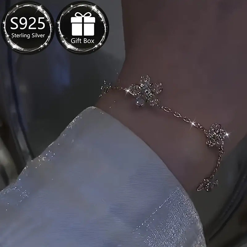 S925 Sterling Silver Flower Bracelet for Women – Cubic Zirconia Floral Bangle, Lightweight Waterproof Fade-Resistant Everyday Jewelry & Elegant Gift for Ladies