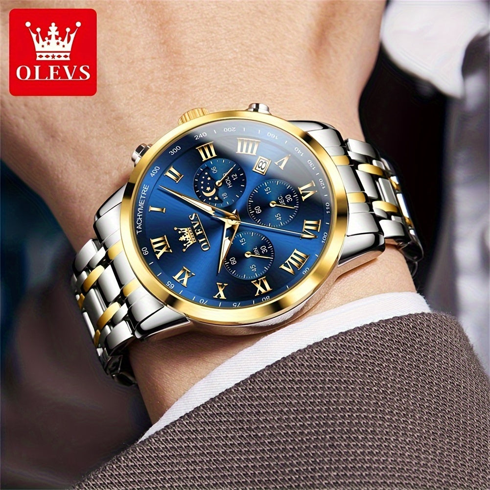 [Luxury Dress Watch] OLEVS Men Watch Stainless Steel Chronograph Roman Numerals Moon Phases Analog Quartz Luxury Dress Watch for Men