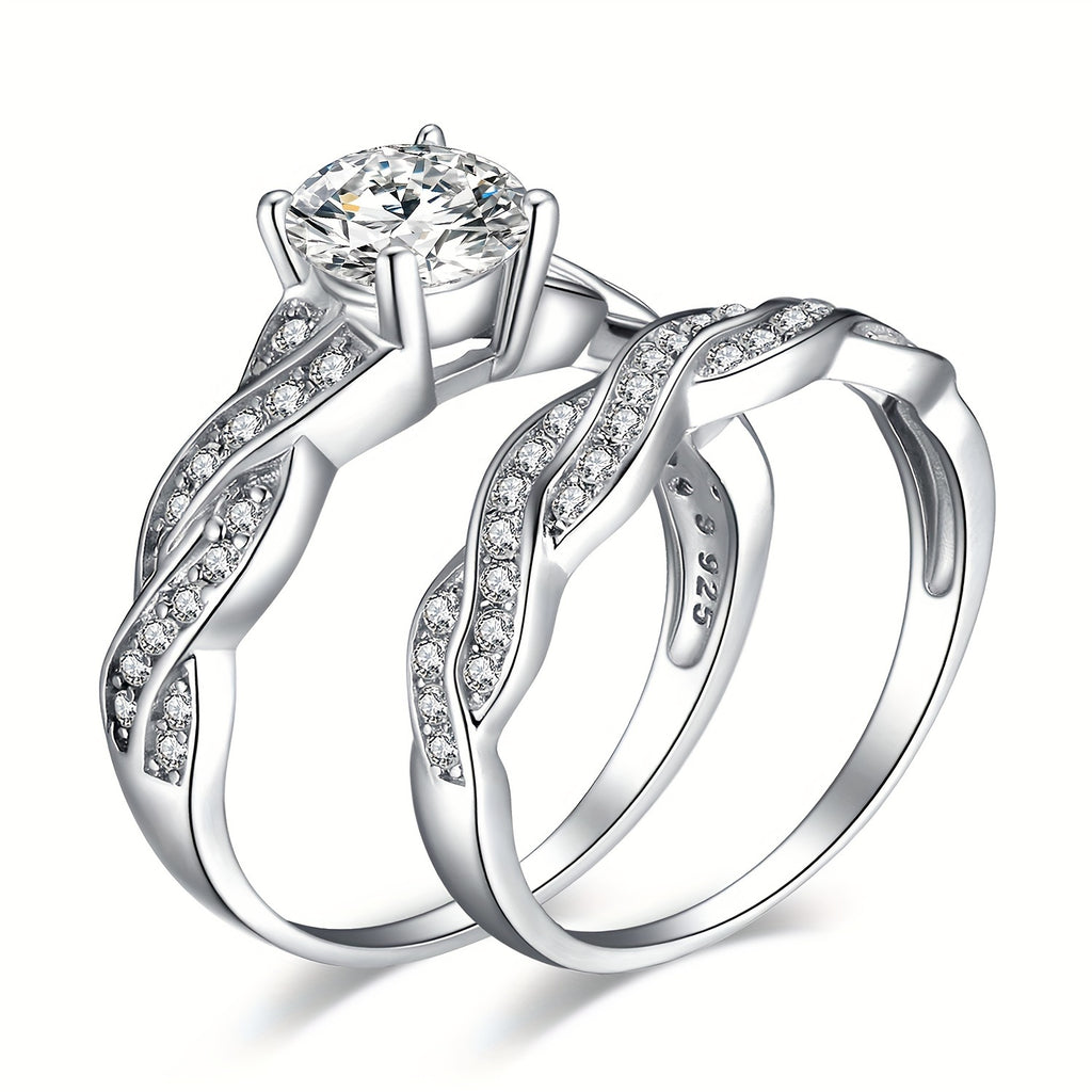 [Wedding Engagement Ring] 2pcs/Set 925 Sterling Silver Classic And Elegant Infinity Knot Design Round Cut Cubic Zirconia Decor Silvery Wedding Engagement Ring for Woman Bridal Set Ring Band Stackable Fine Jewelry