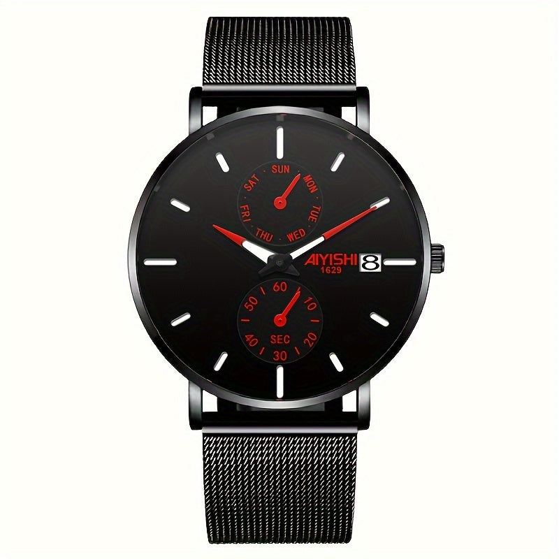 Men's Quartz Watch Stainless Steel Mesh Strap with Gift Box, Modern Slim 14mm Case Fashion Wristwatch with Color Accent Dial, Available in Black Red & Black Blue