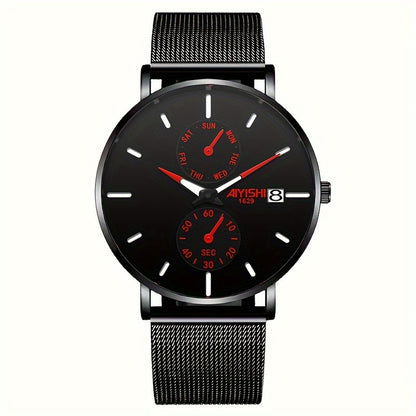 Men's Quartz Watch Stainless Steel Mesh Strap with Gift Box, Modern Slim 14mm Case Fashion Wristwatch with Color Accent Dial, Available in Black Red & Black Blue