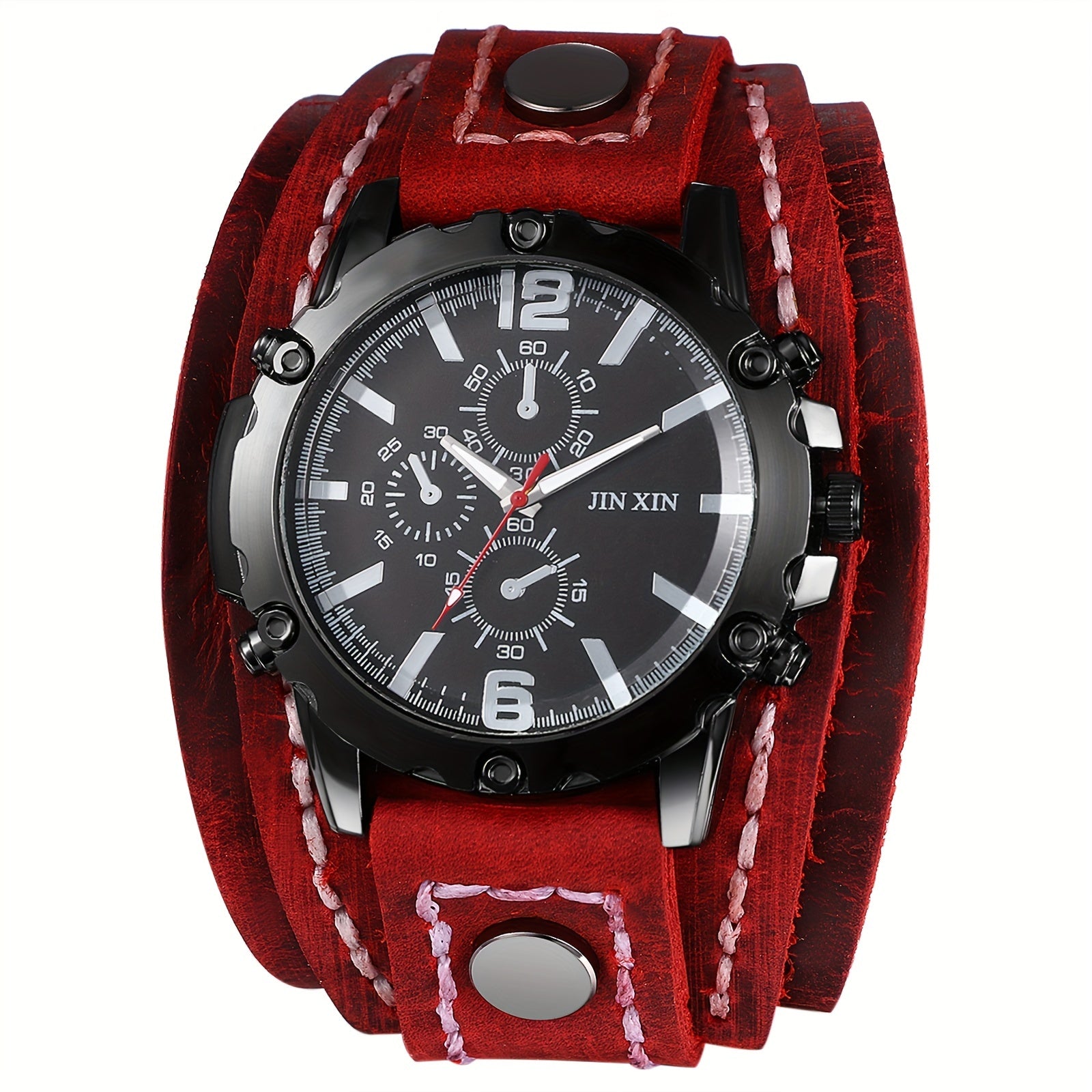 Gothic Punk Style Men Watch Wide Geunine Leather Fashion Cuff Wristwatch for Halloween Party Costume Dress Decoration