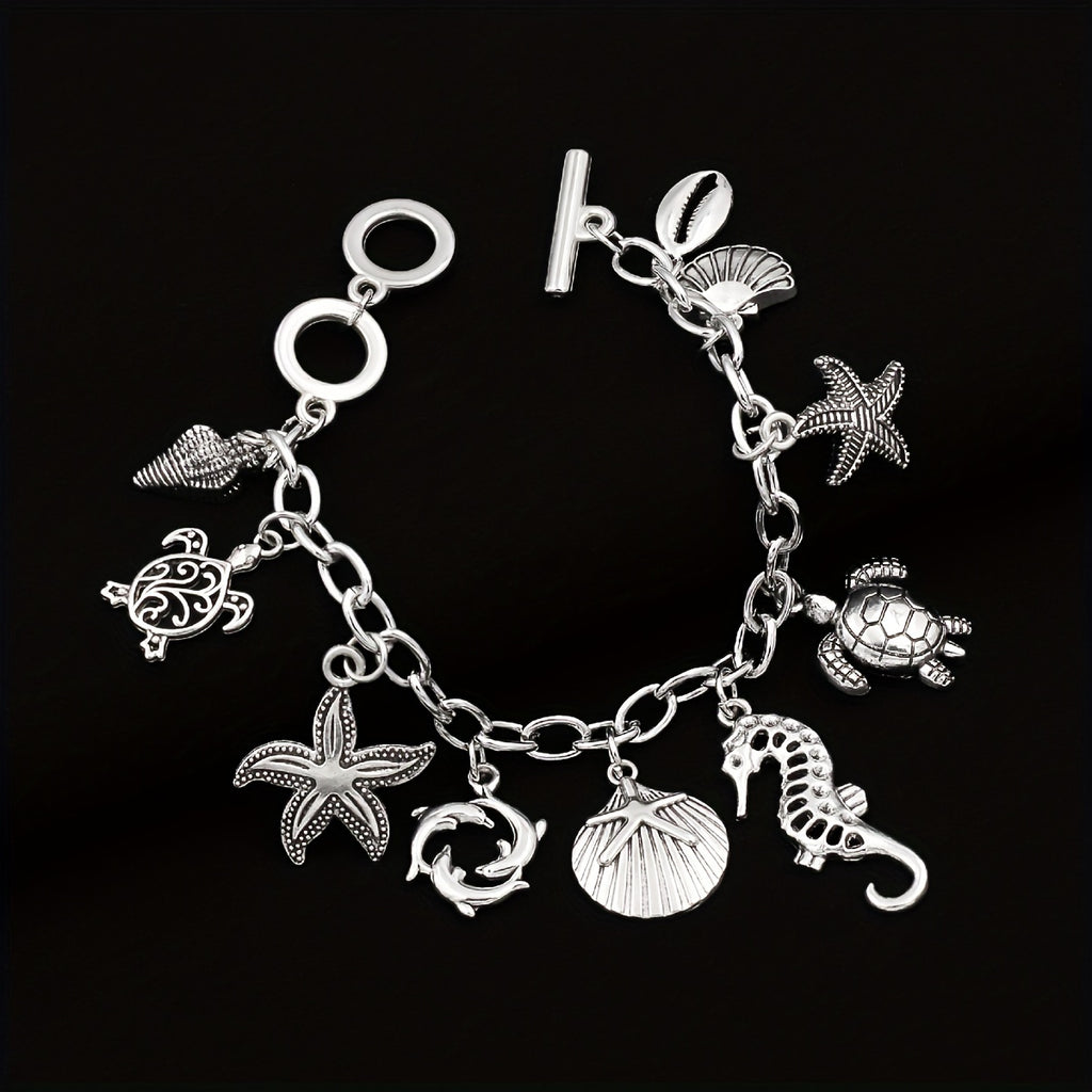 S925 Silver 1pc Ocean Style Seahorse Turtle Dolphin Starfish Sea Snails Scallop Conch Charm Pendant Chain Bracelet, Marine Animal Bracelet Friendship Jewelry Gift.Total Weight Of The Product (3g)