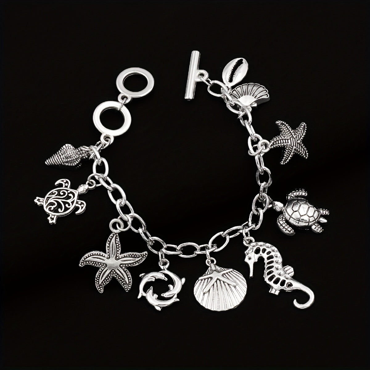Ocean Charm Bracelet 925 Sterling Silver Marine Animal Pendant Chain Bracelet Seahorse Turtle Dolphin Starfish Conch Beach Jewelry Friendship Gift Women