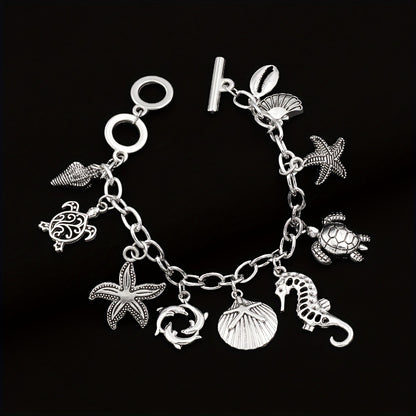 Ocean Charm Bracelet 925 Sterling Silver Marine Animal Pendant Chain Bracelet Seahorse Turtle Dolphin Starfish Conch Beach Jewelry Friendship Gift Women